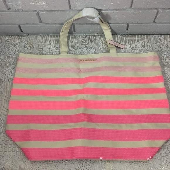 Victoria’s Secret Striped Canvas Sequin Tote Bag - Picture 2 of 8